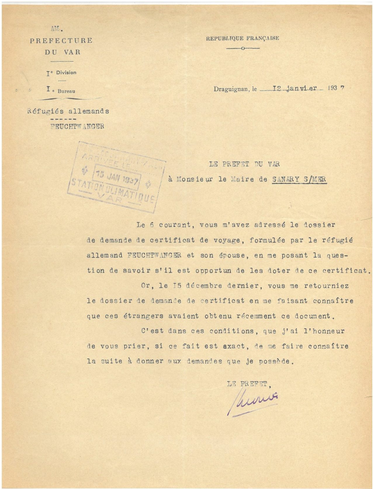Correspondance entre le Prefet du Var et le Maire de Sanary ©Archives de la Ville de Sanary