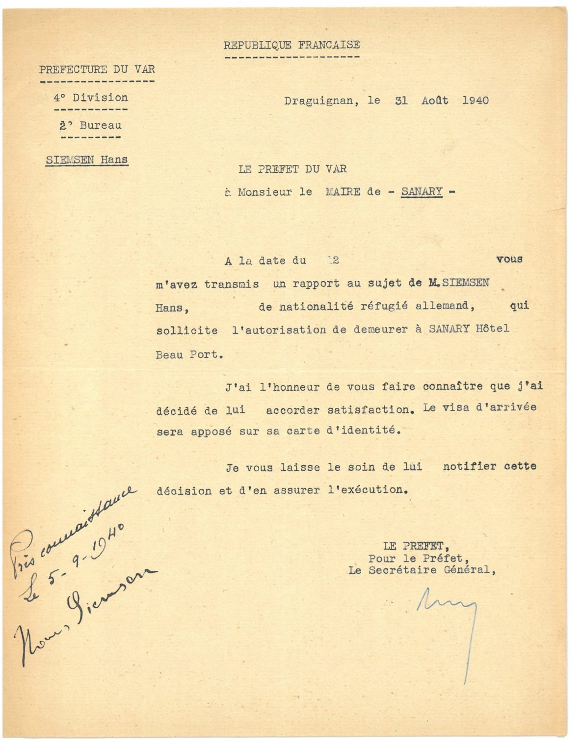 Lettre de la Préfecture du Var attestant du renouvellement de visa d’Hans Siemsen, 31 août 1940 
© 2I18 - Archives municipales de Sanary-sur-Mer 
