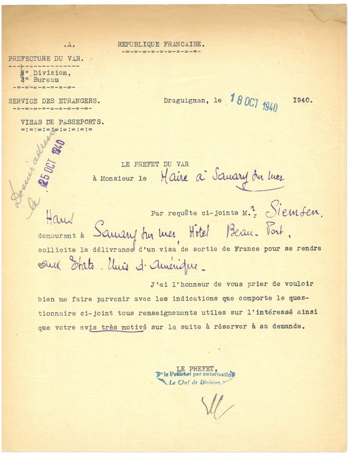 Visa de sortie autorisant Hans Siemsen à se rendre aux Etats-Unis, 18 octobre 1940
© 2I18 - Archives municipales de Sanary-sur-Mer 
