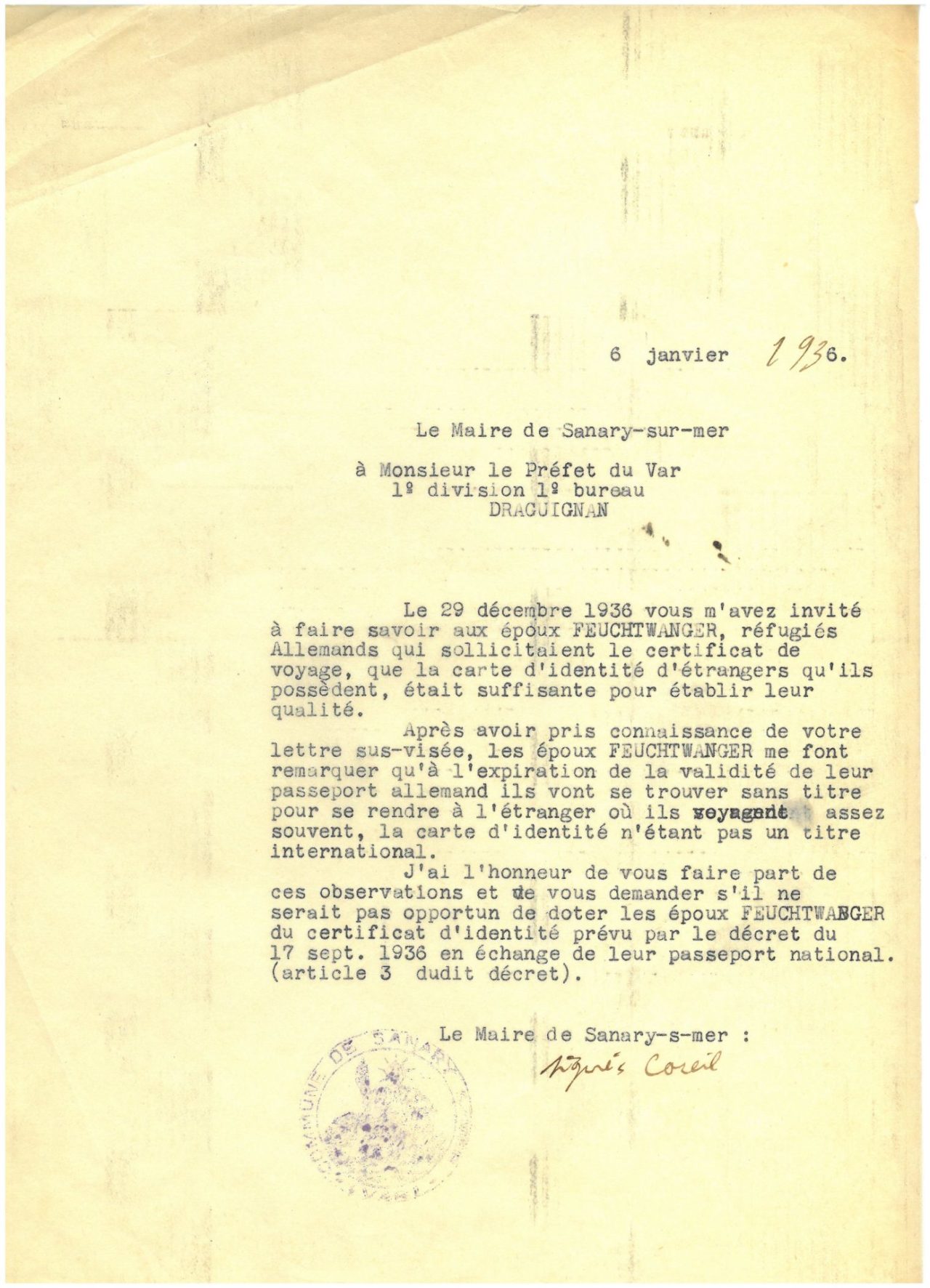 Correspondance entre le Prefet du Var et le Maire de Sanary ©Archives de la Ville de Sanary